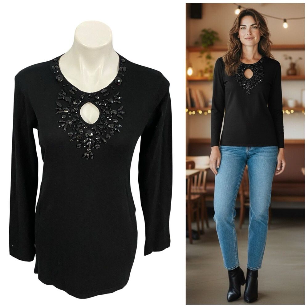 Melrose Chic Sweater Womens Size Large Black Beaded Workwear Career Office Party